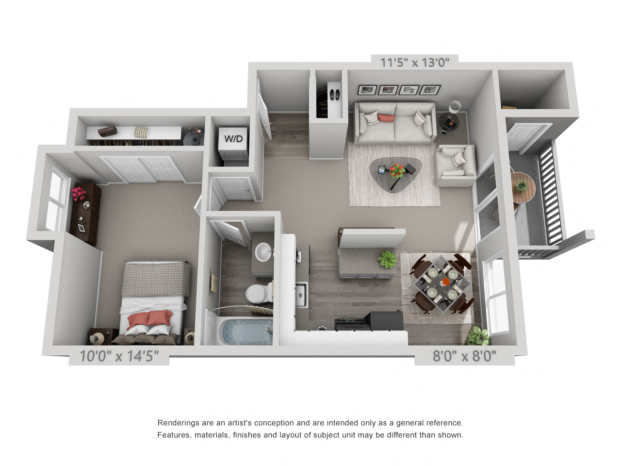 Floor plan for 1 bed, 1 bath, 730 sqft